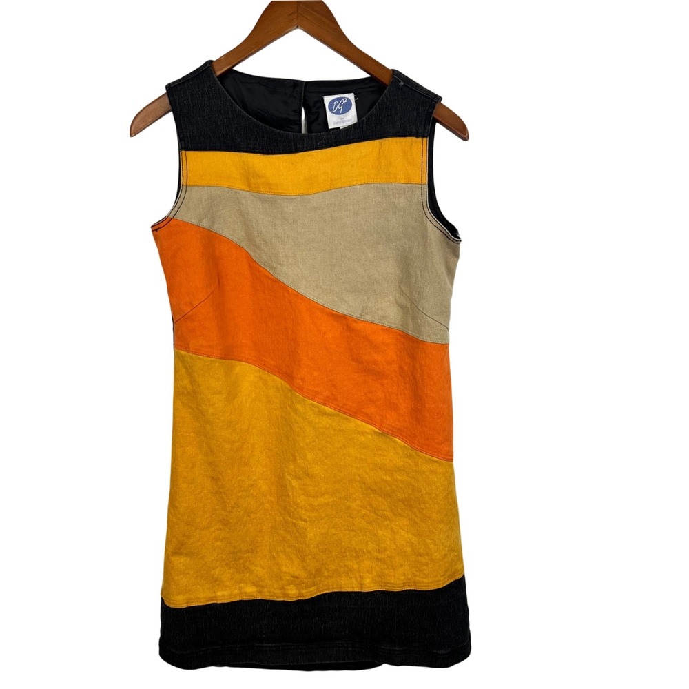 Vintage Denim Autumn Colors Dress Small Color Block Lagenlook Knee Length Earthy